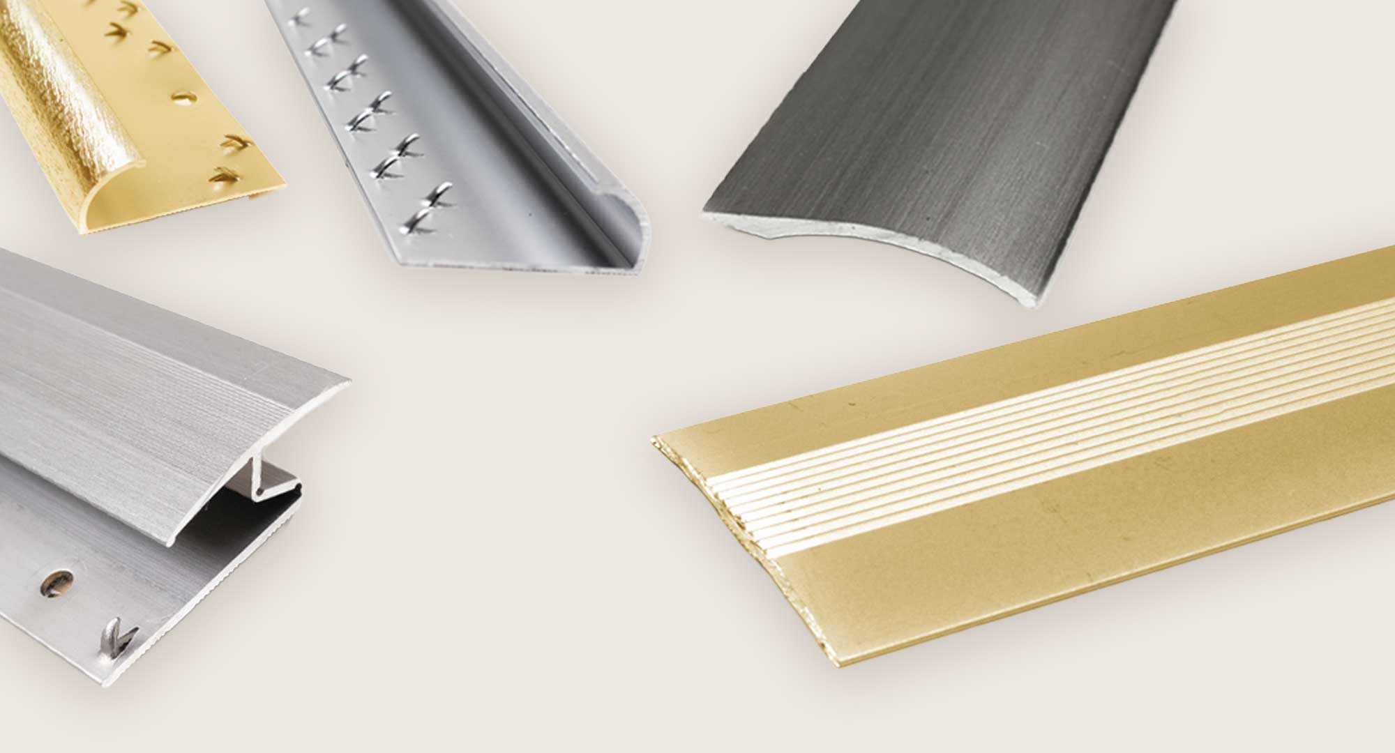 Profielen overzicht. 5 verschillende vloerprofielen in verschillende kleuren.