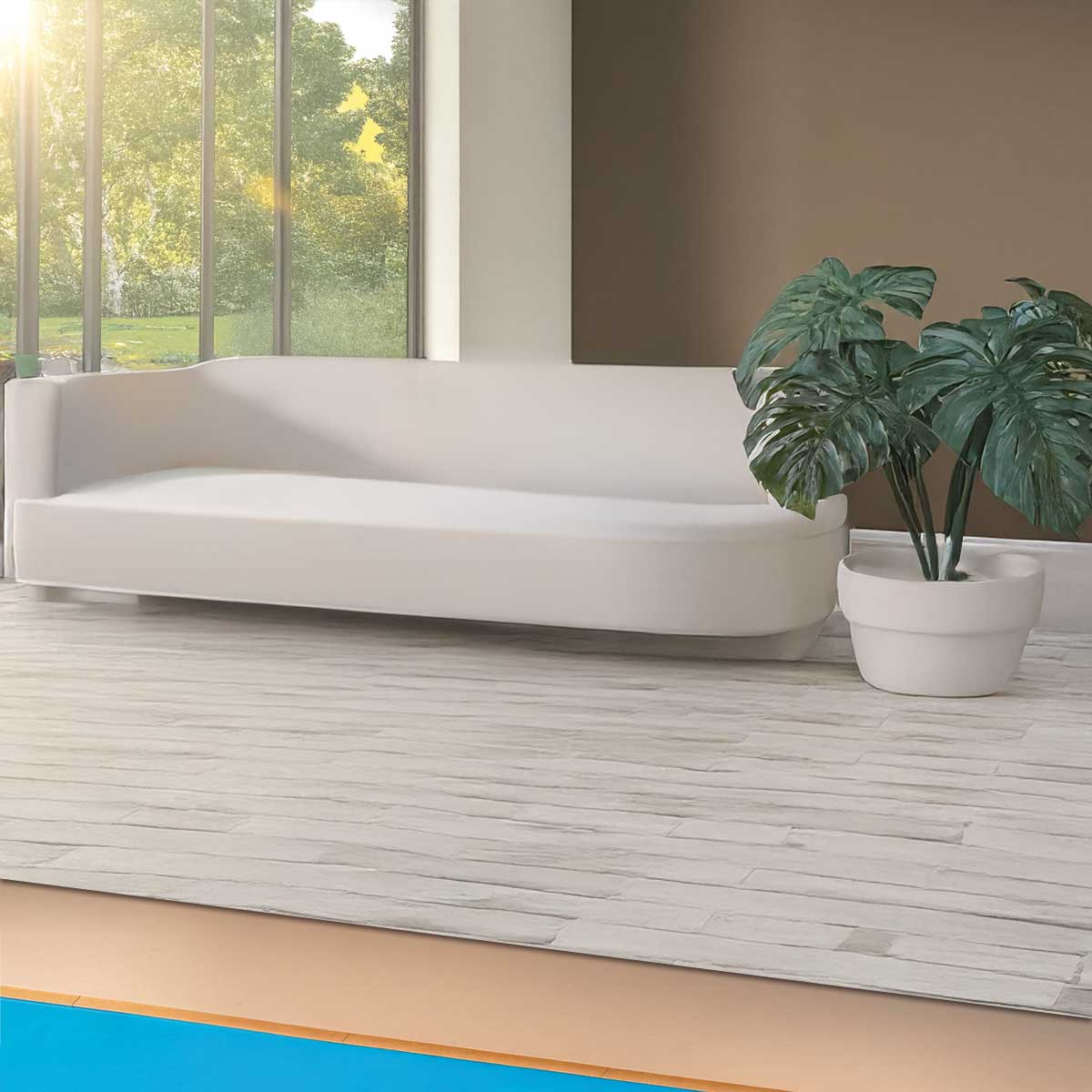 Woonkamer met een pvc vloer. Daaronder Floorfixx regular ondervloersysteem