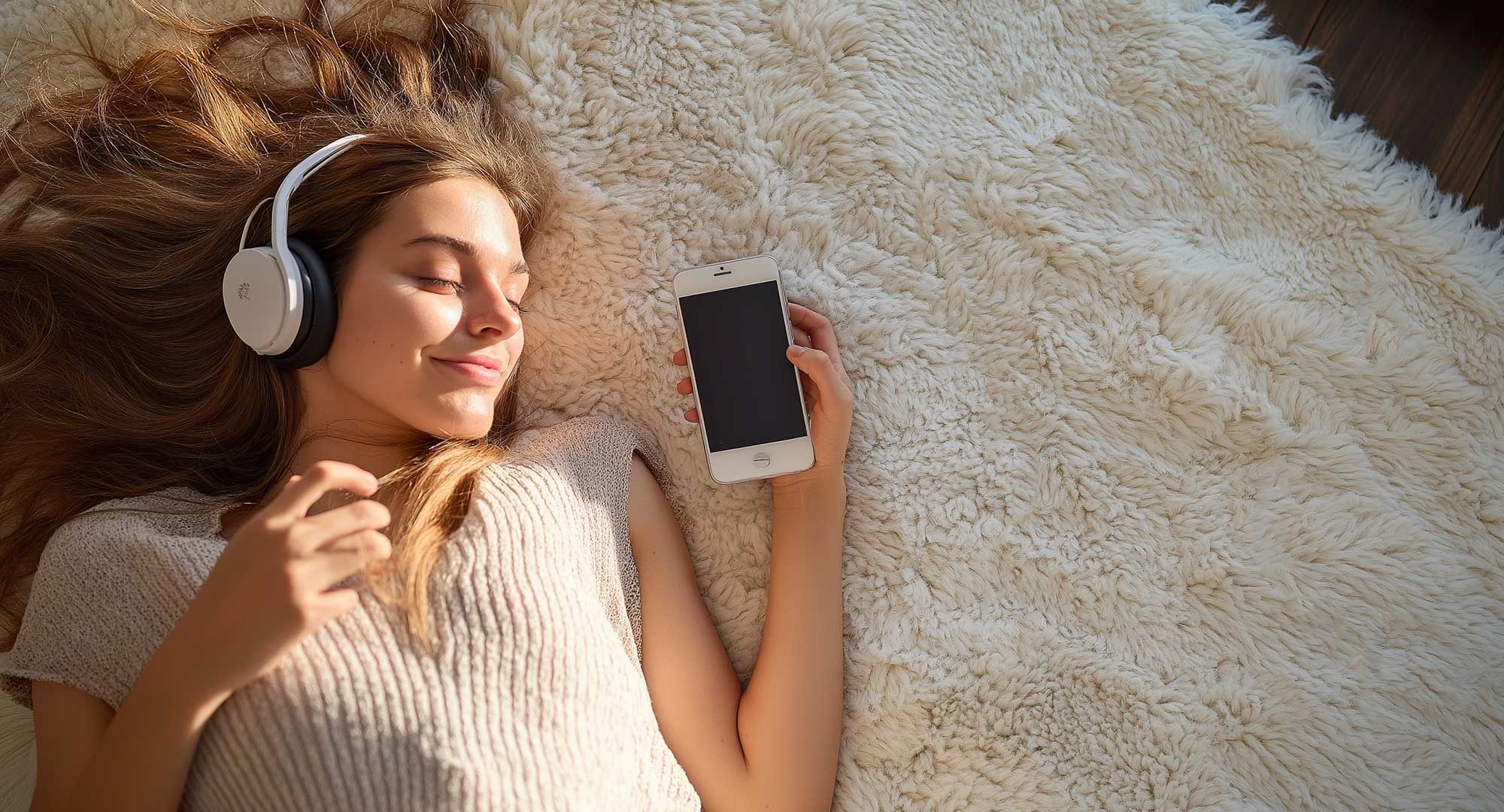 Vrouw ontspant op hoogpolig karpet — comfortabele ondervloer