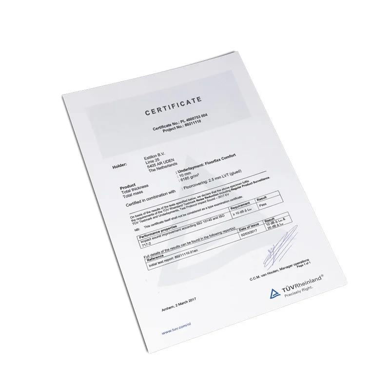 TUV certificaat ten behoeve van Estillon ondervloeren